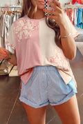 Apricot color block loose T-shirt with flower patch details and relaxed fit