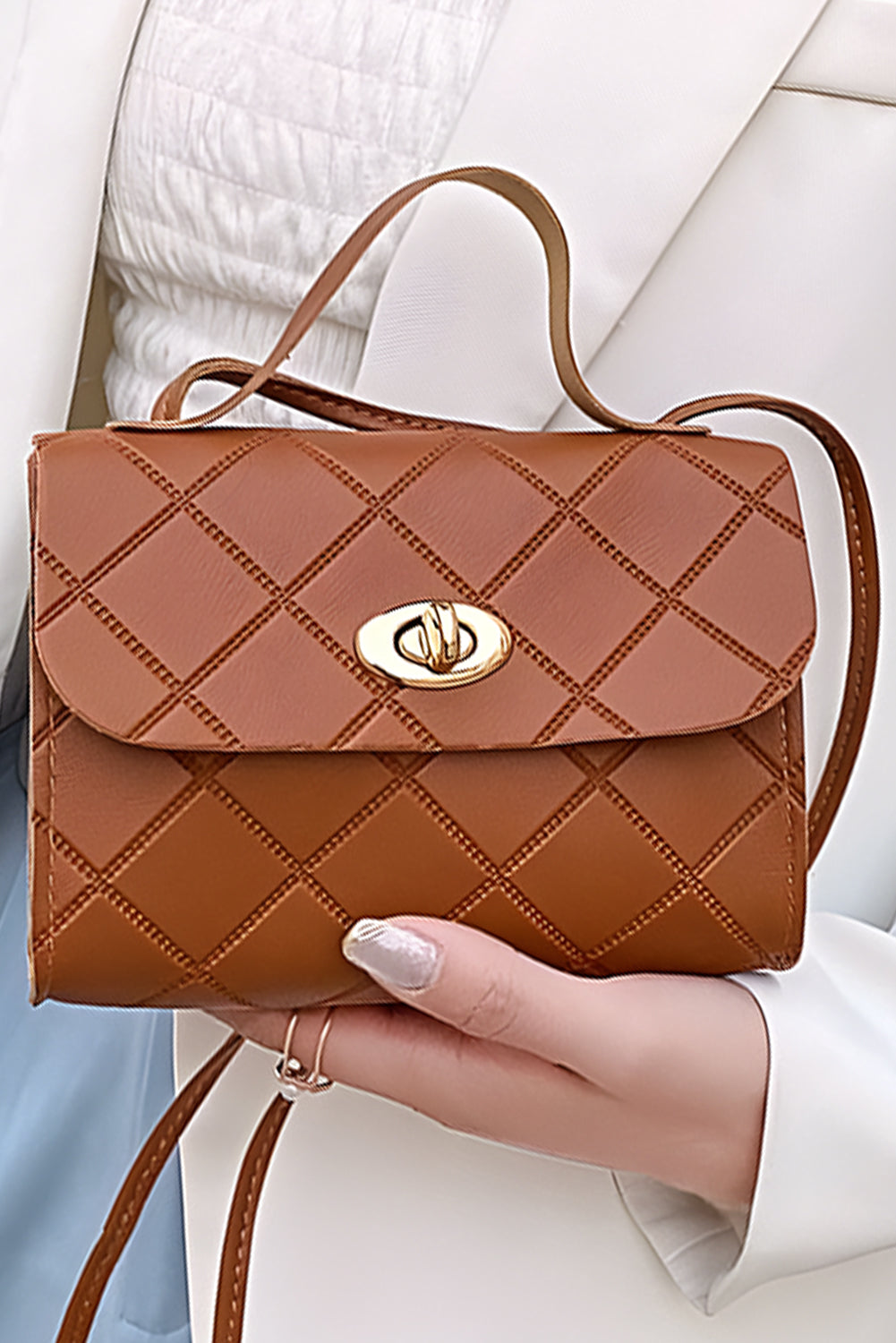 Breen PU leather messenger bag in diamond pattern with lock and compact design