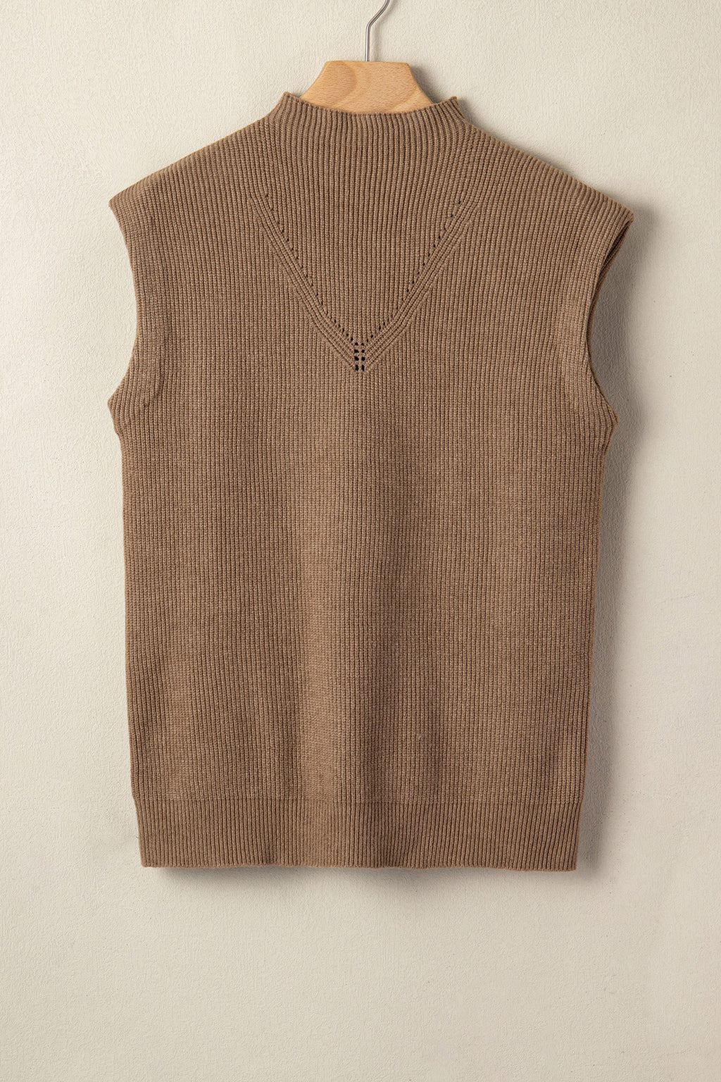 Light French Beige ribbed knit sleeveless mock neck sweater vest