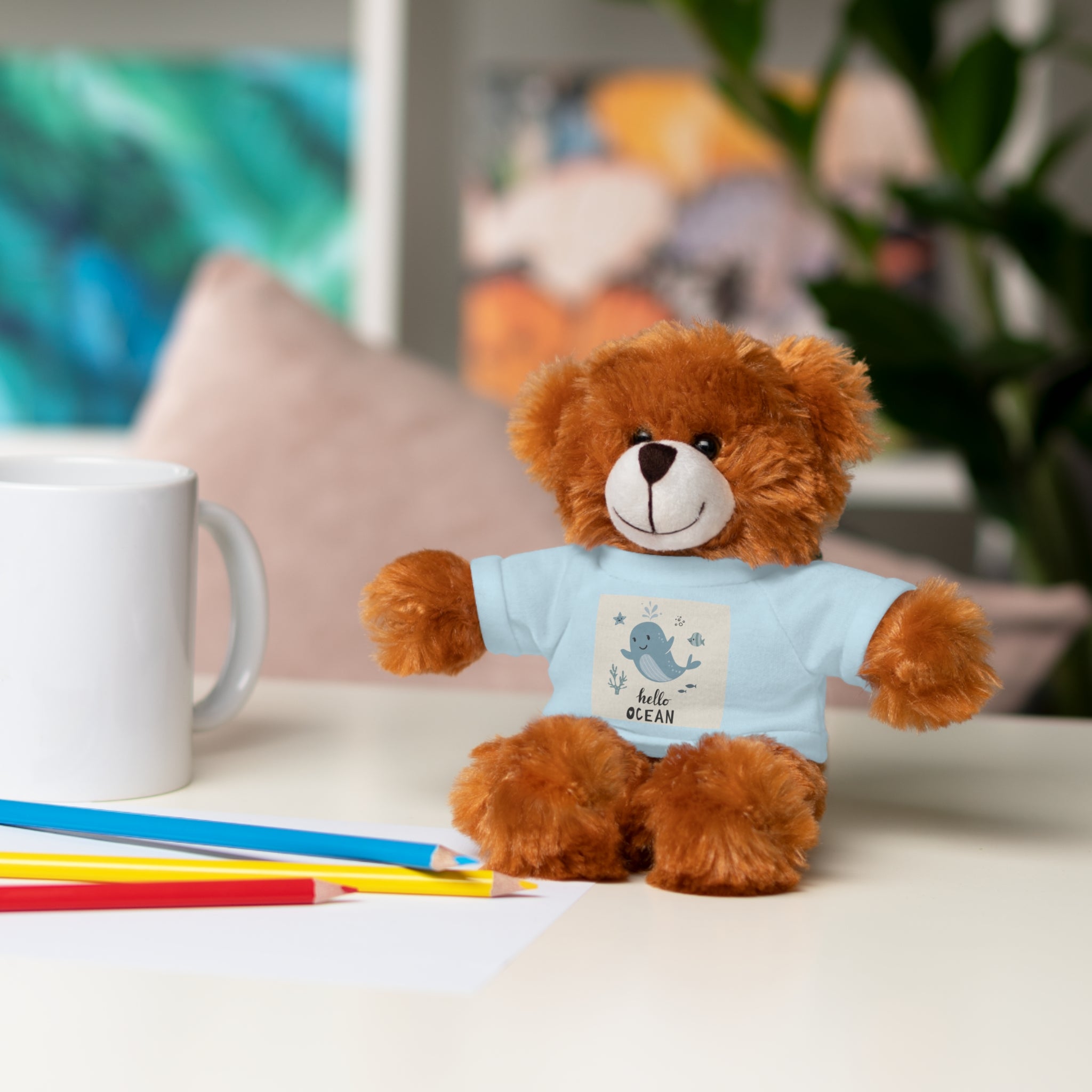 Cuddly Stuffed Bear with Tee - Cute Gift for Kids, Nursery Decor, Birthday Surprise, Ocean Theme, Plush Toy