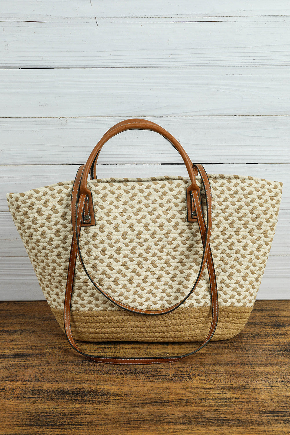 Beige single shoulder bag with contrast woven design and PU leather handles
