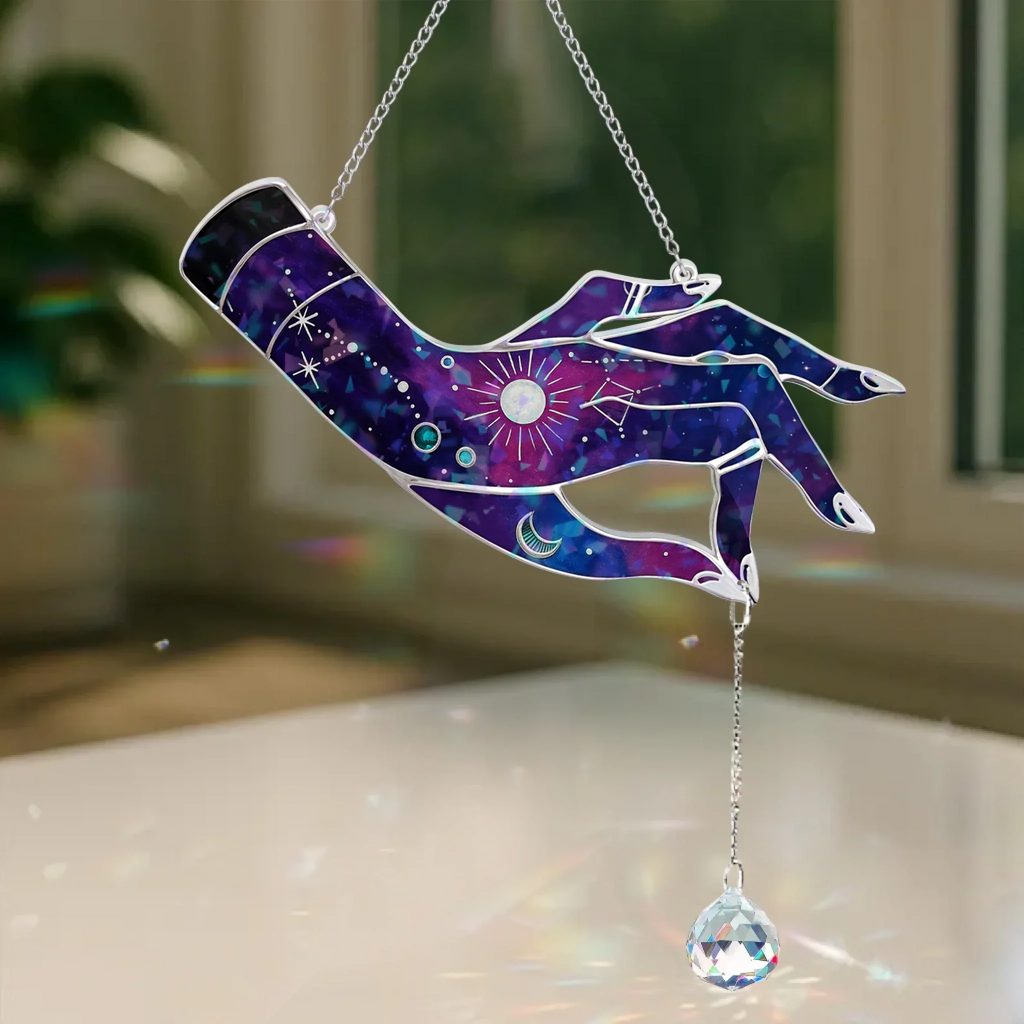 Witchy Hand Stained Glass Effect - Hologram Window Hanging With Charm - Gift Idea For Witch Lover