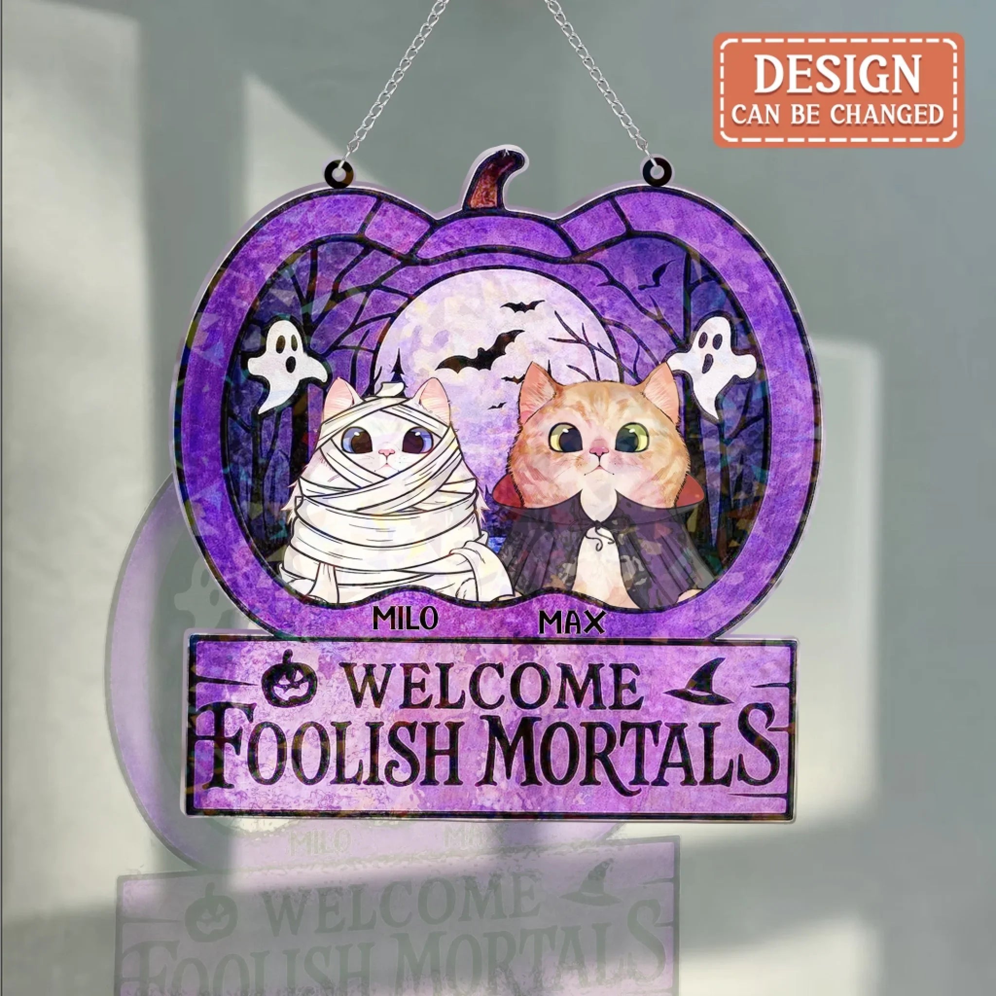 Personalized Welcome Foolish Mortals Cat Suncatcher - Gift Idea For Cat Lover - Up to 3 Cats