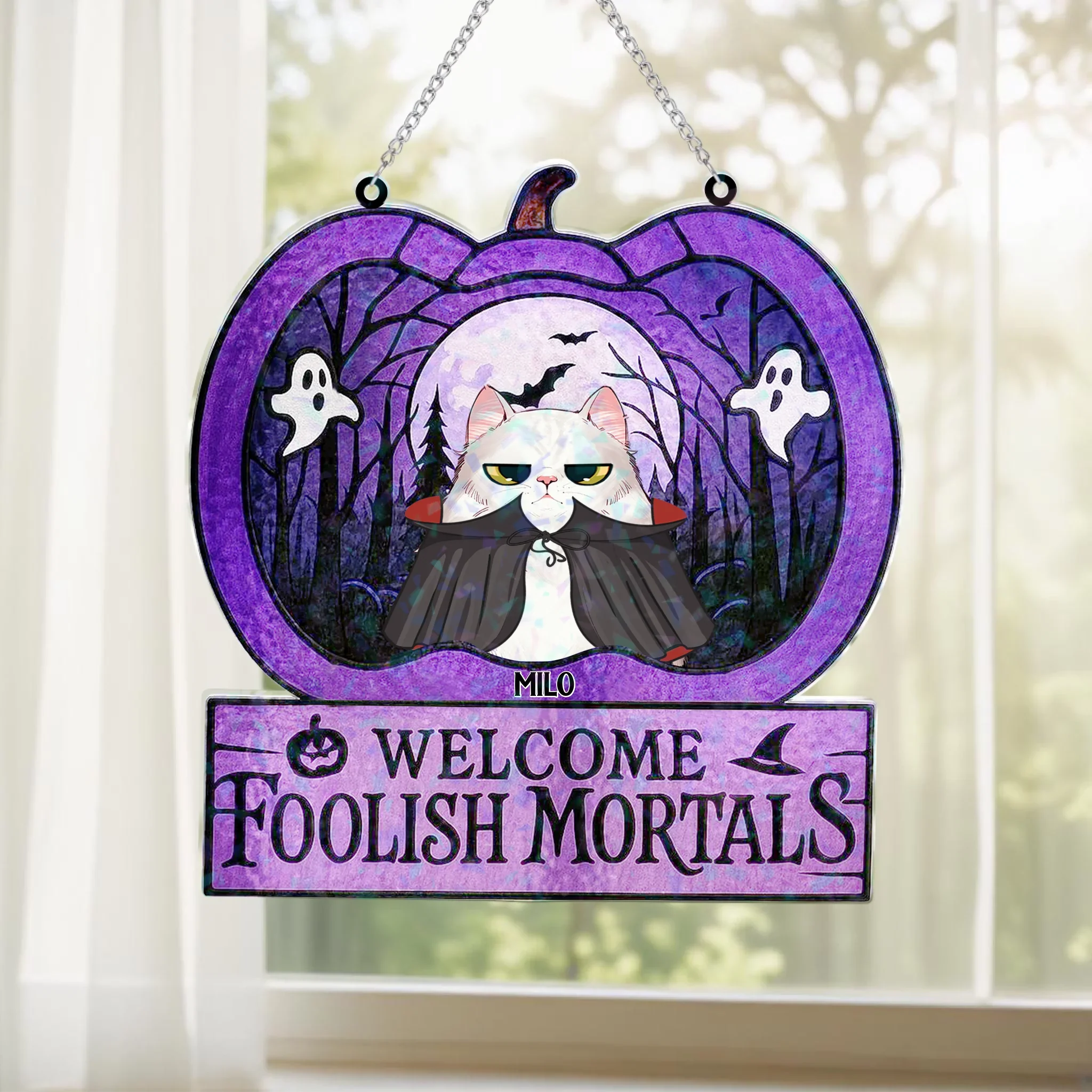 Personalized Welcome Foolish Mortals Cat Suncatcher - Gift Idea For Cat Lover - Up to 3 Cats
