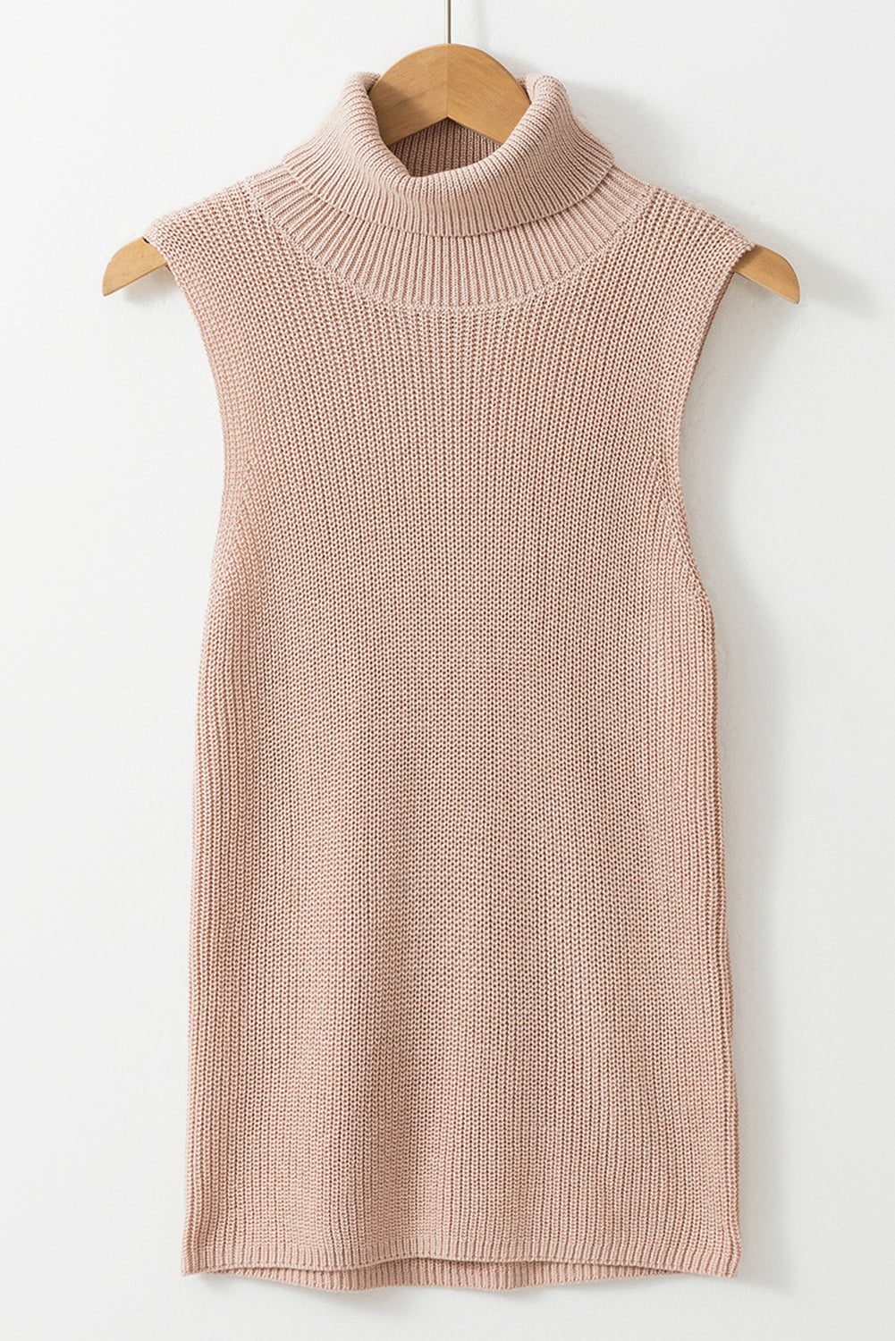 Oatmeal solid color turtleneck knit tank top with sleeveless design and high elasticity fabric