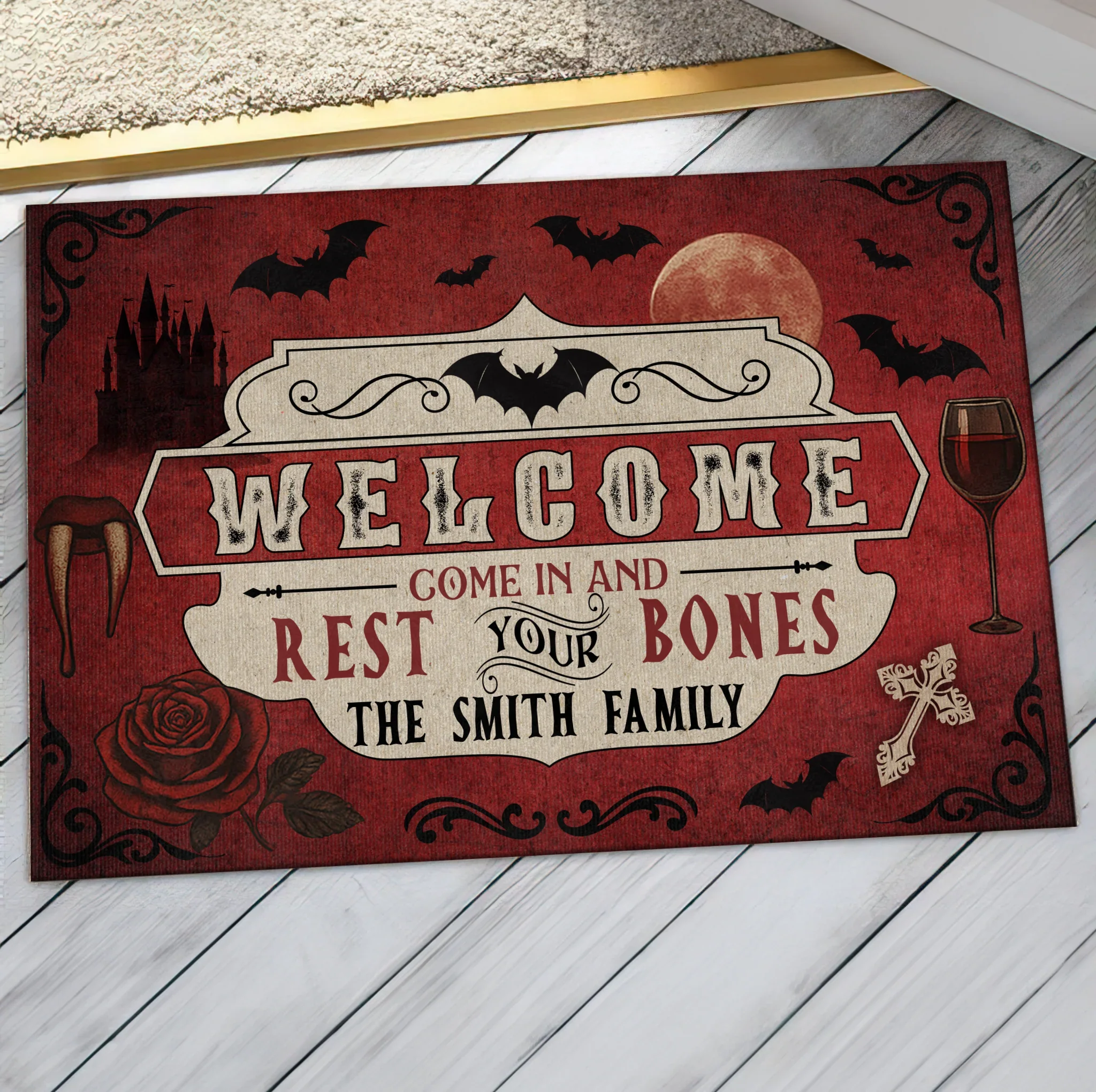 Personalized Horror Doormat - Halloween Gift Idea For Family - Welcome Come In And Rest Your Bones