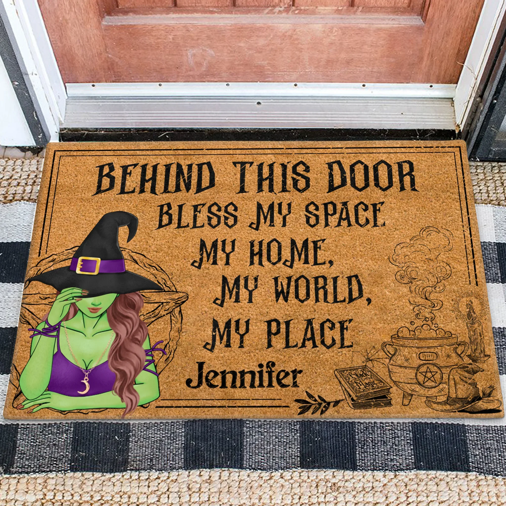 Personalized Witch Doormat - Halloween Gift Idea For Witch Lover - Behind This Door Bless My Space My Home My World My Place