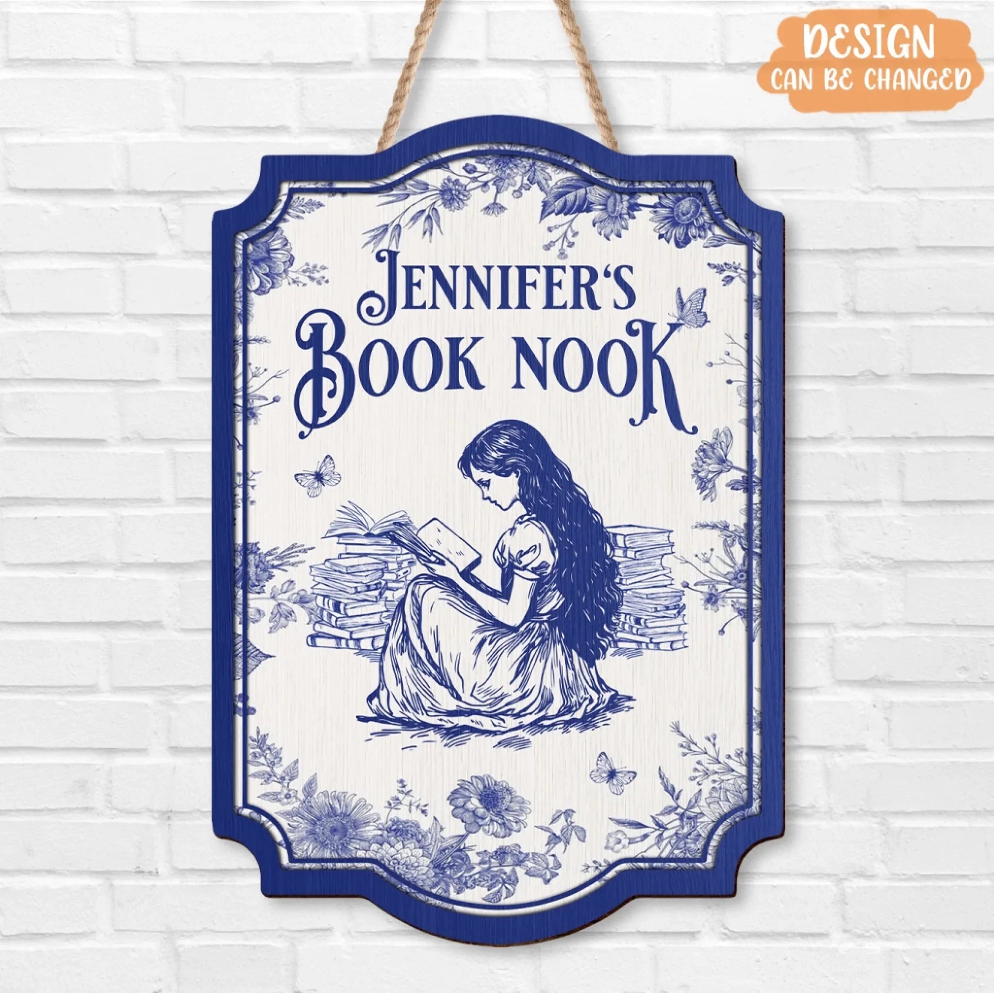 Custom Name Book Nook Wooden Sign - Bookism Gift - Chinoiserie Toile De Jouy