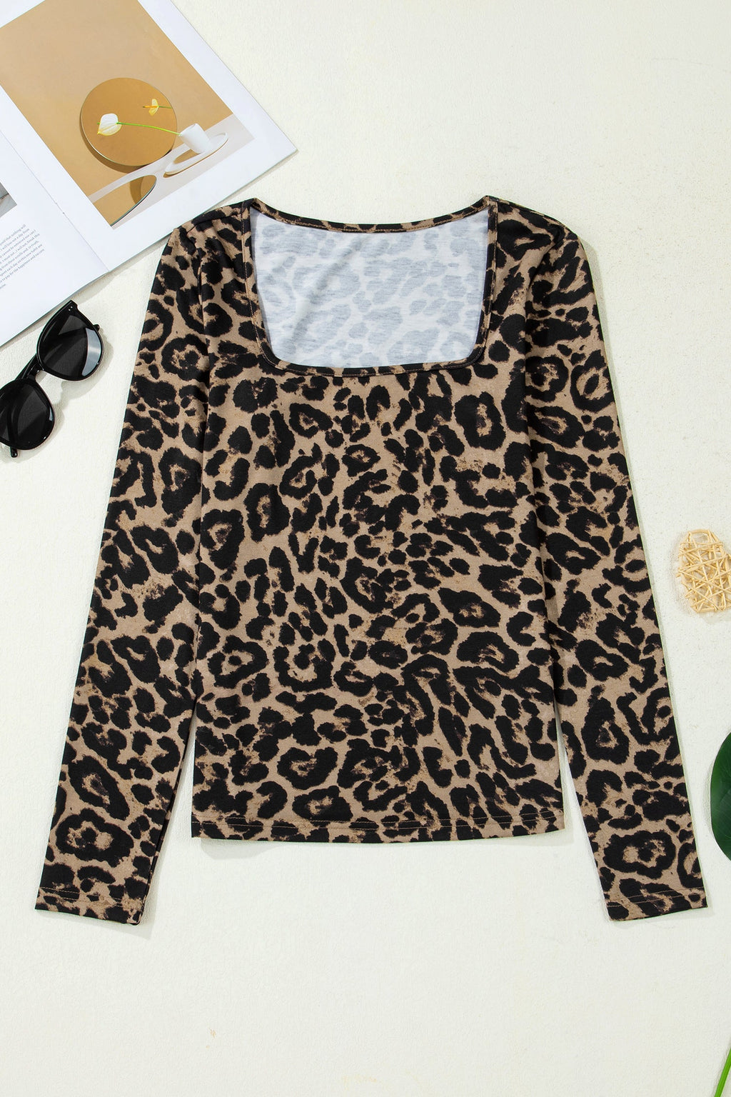 Black floral print slim long sleeve T-shirt with square neckline and trendy design