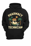 Black unisex Pharmacy Technician hoodie with cartoon pill bottle design and pouch pocket