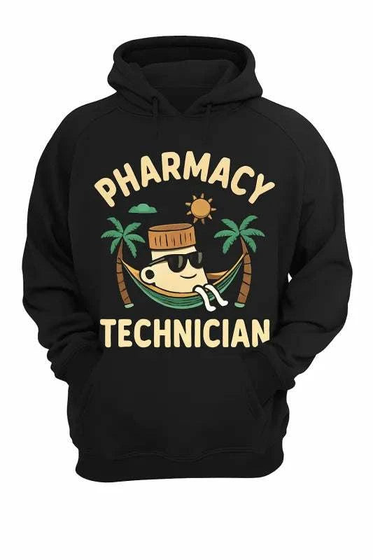 Black unisex Pharmacy Technician hoodie with cartoon pill bottle design and pouch pocket