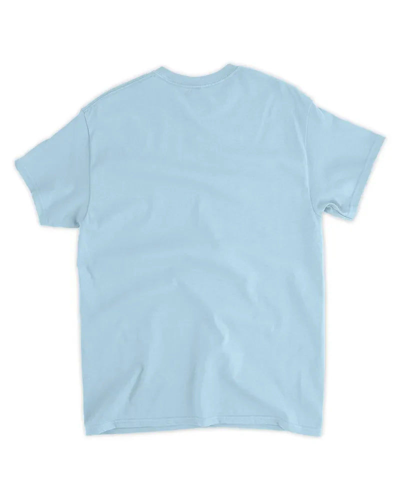 Back view of light blue unisex standard t-shirt with seamless collar and twin needle hems