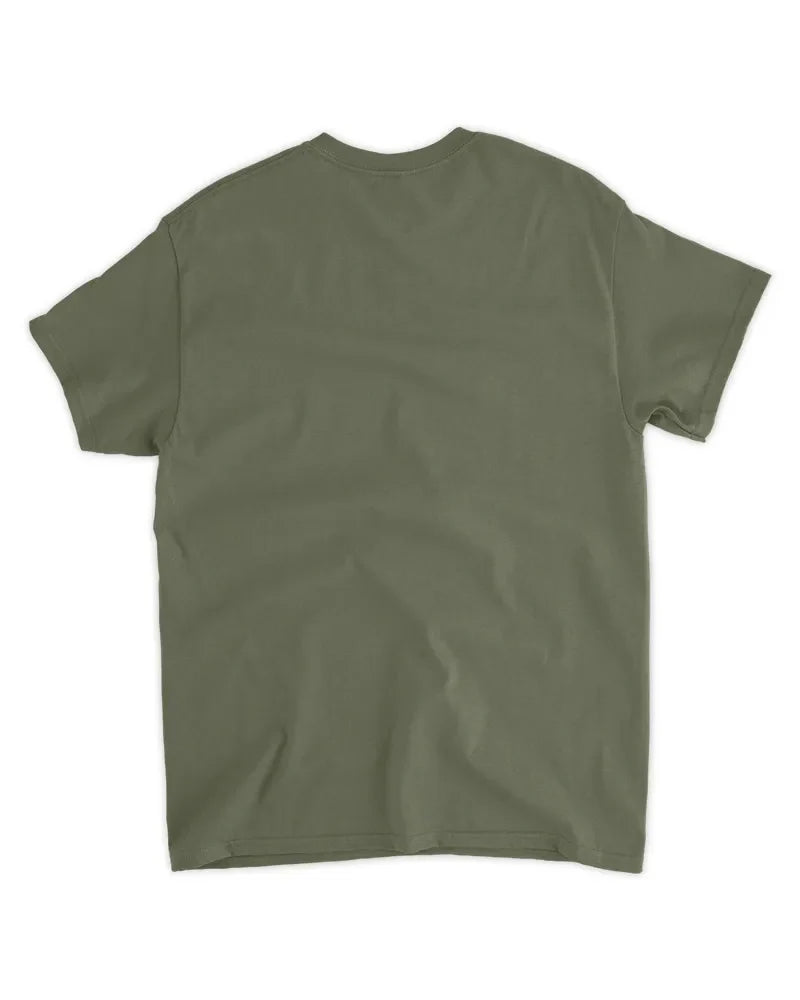 Back view of olive green unisex standard t-shirt with seamless collar and short sleeves