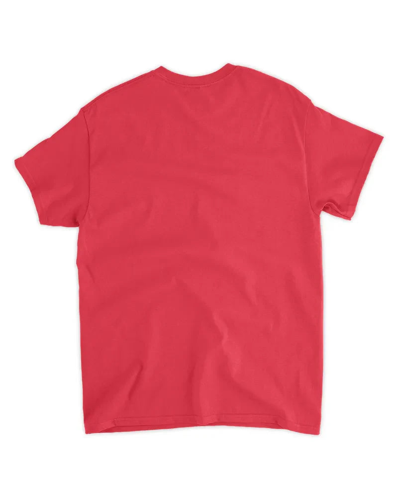 Back view of a plain red unisex standard t-shirt made of preshrunk cotton with seamless collar and twin needle hems