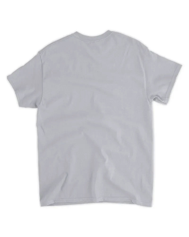 back view of plain unisex standard t-shirt in light grey cotton blend fabric