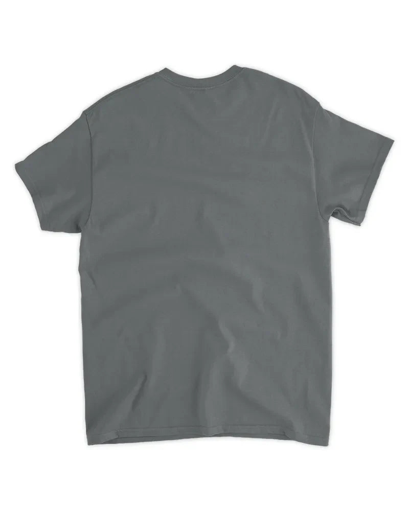 Unisex standard t-shirt in grey cotton with seamless collar and twin needle hems, machine washable.