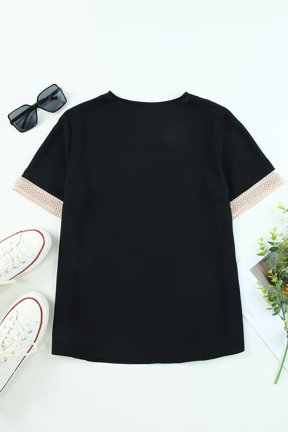 Green V neck blouse with delicate lace trim short sleeves