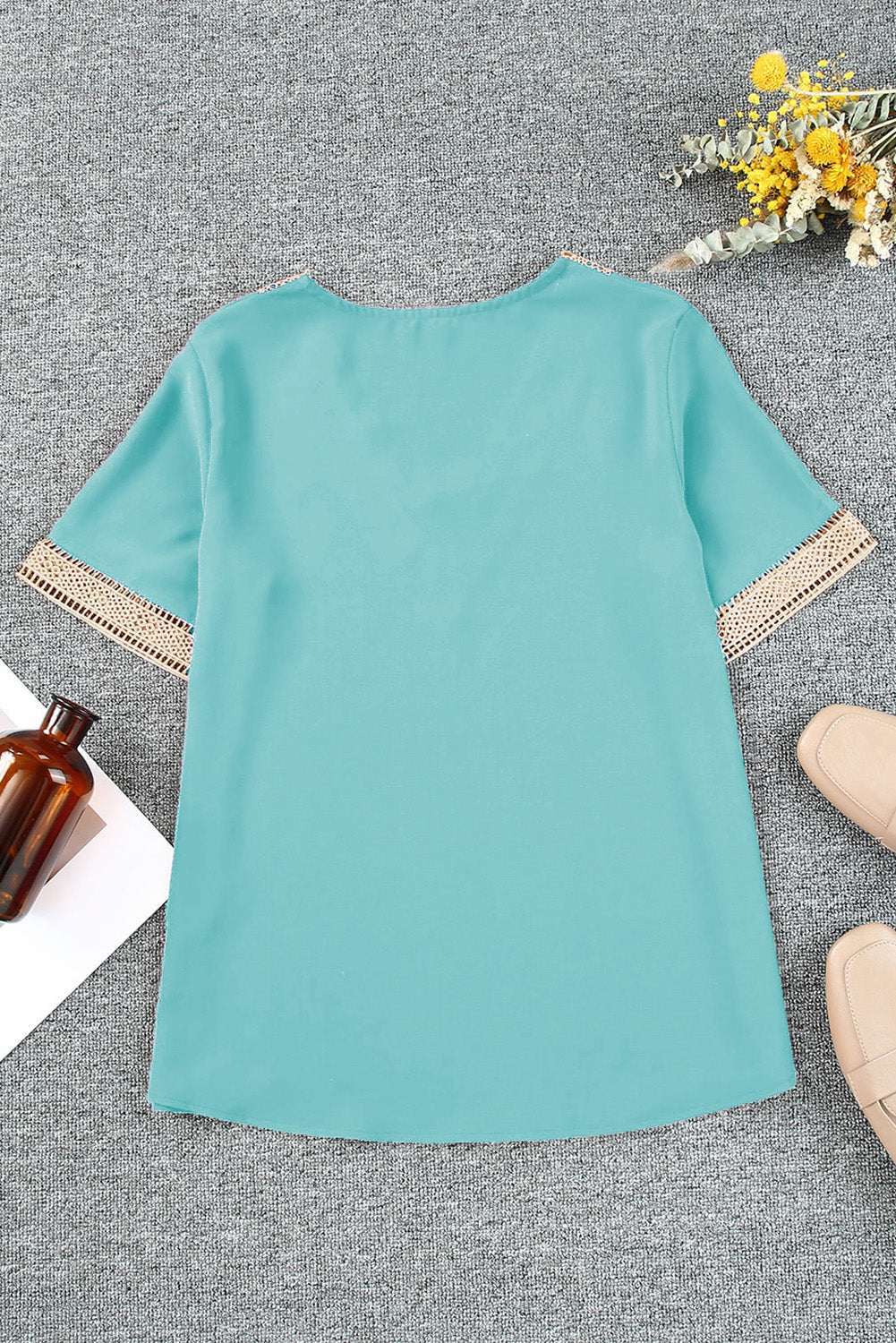 green lace trim v neck short sleeve blouse with delicate lace details