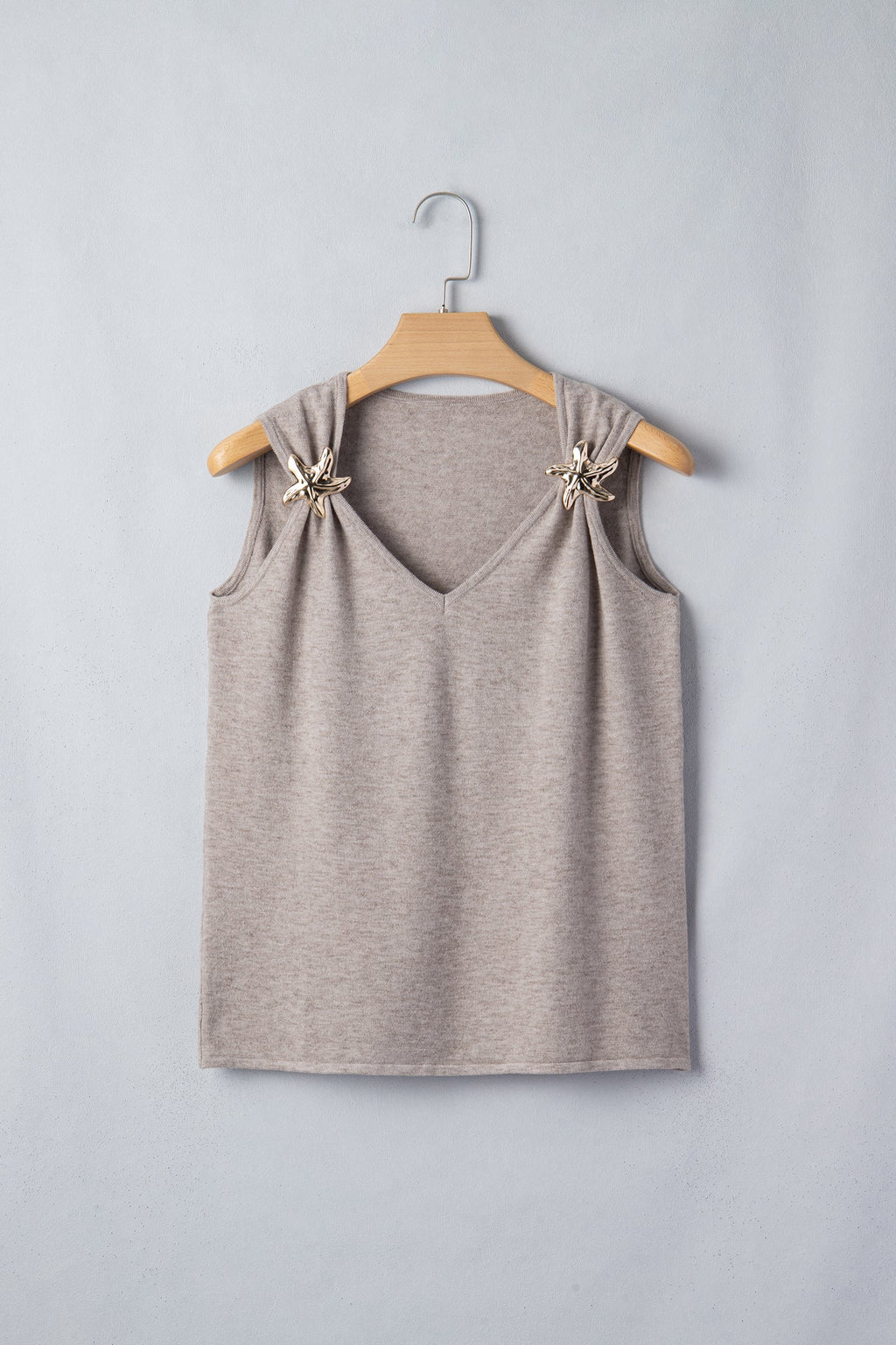 Gray Morn sleeveless knit tank top with metallic star detail and V-neck design
