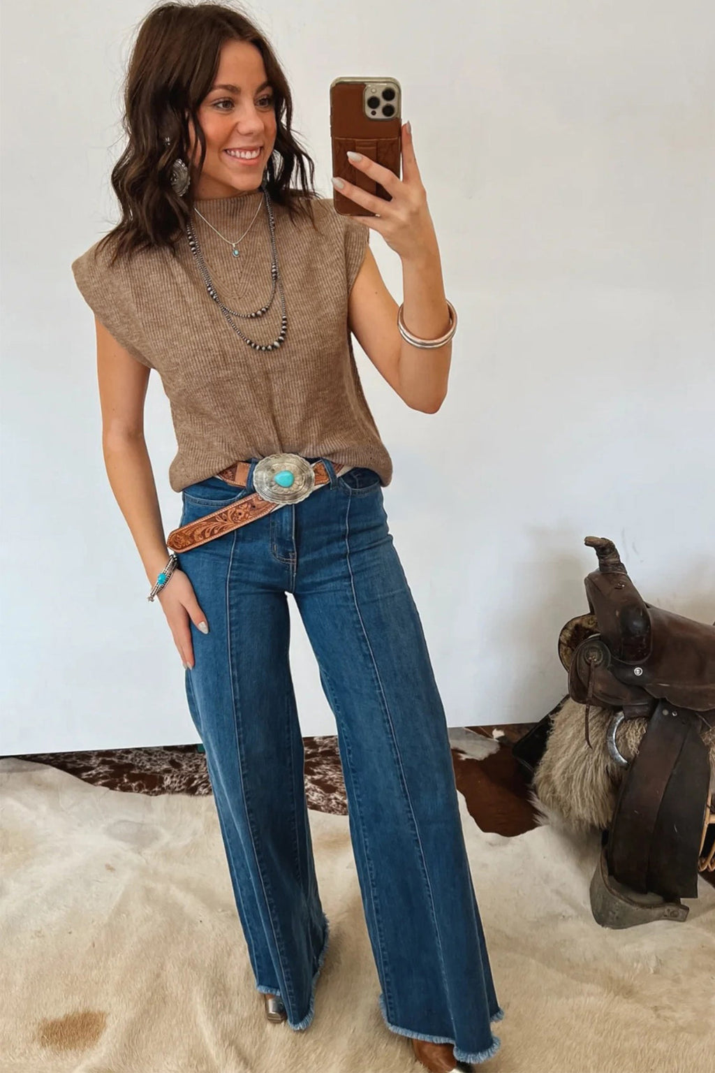 Light French Beige ribbed knit sleeveless mock neck sweater vest with loose fit