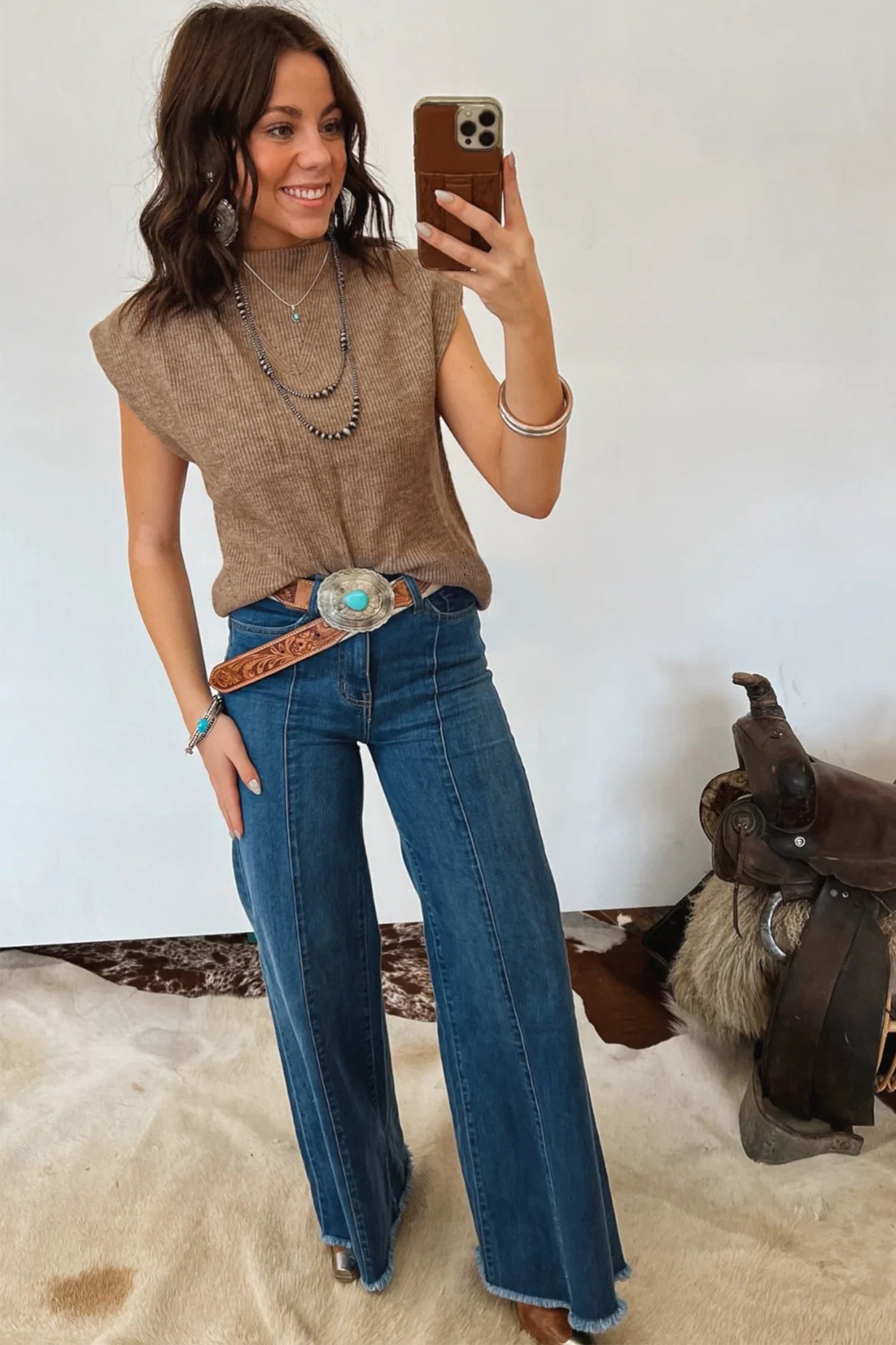 Light French Beige ribbed knit sleeveless mock neck sweater vest with loose fit
