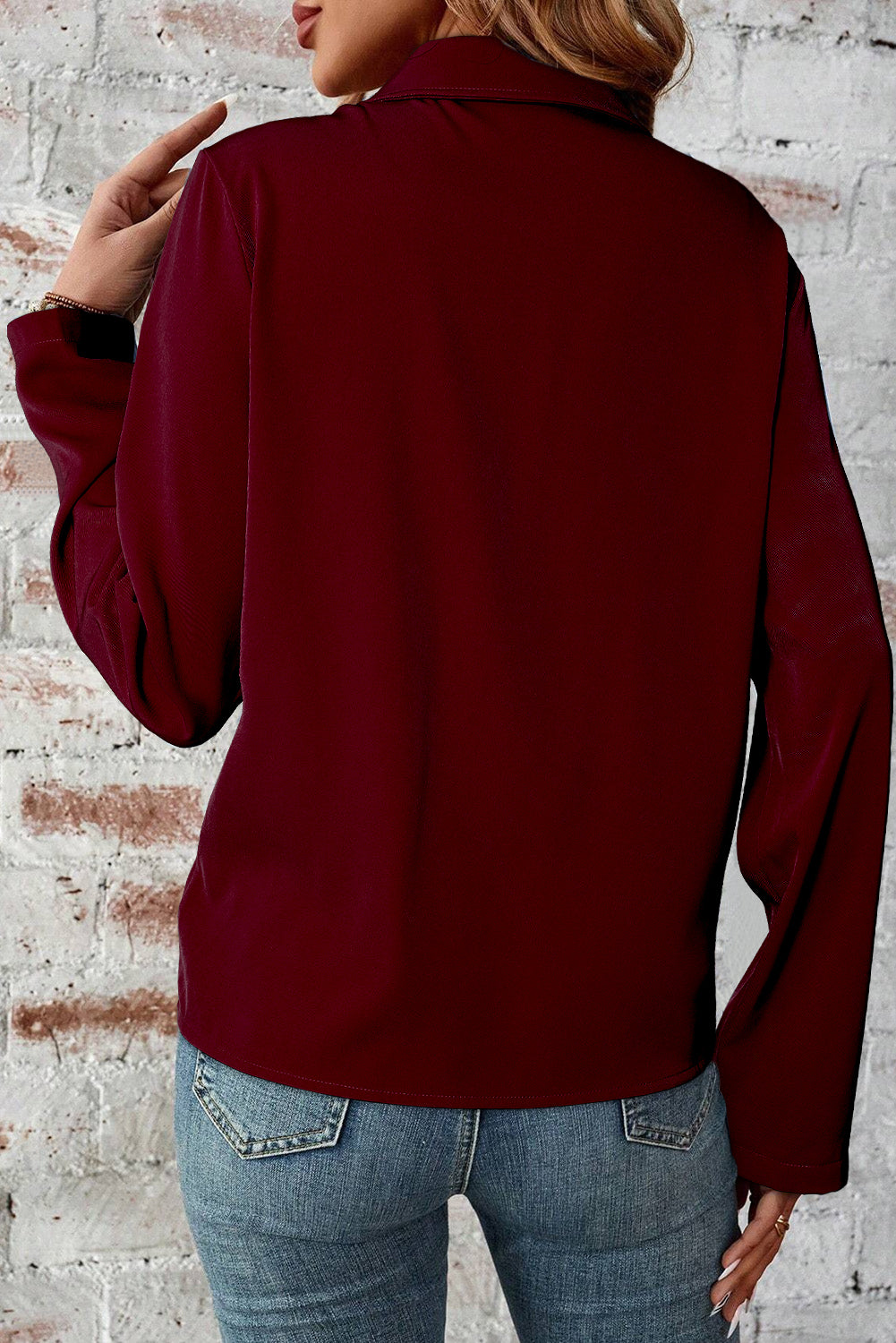 Black Collar Tab Sleeve Zip Up Flap Detail Jacket with turn-down collar and zip closure