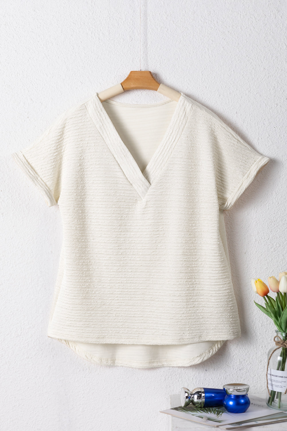 Beau Blue textured wide sleeve V neck t-shirt with relaxed fit and high elasticity