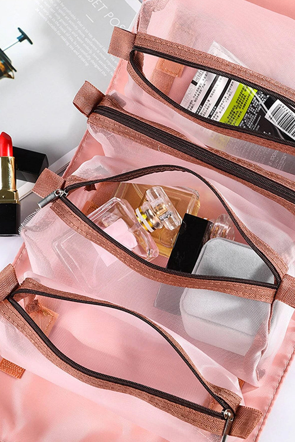 Pink Leegoo detachable 4-in-1 foldable makeup bag with embroidered design and compartments
