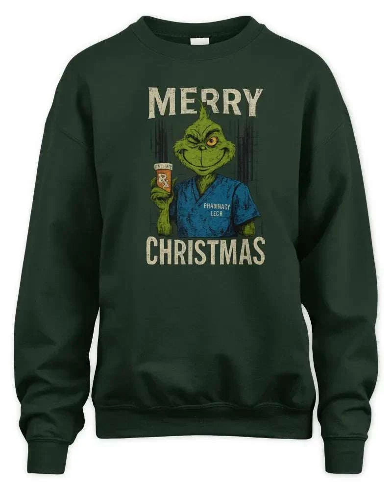 Merry Grinchmess green fleece sweatshirt with Grinch holding a prescription cup and festive text