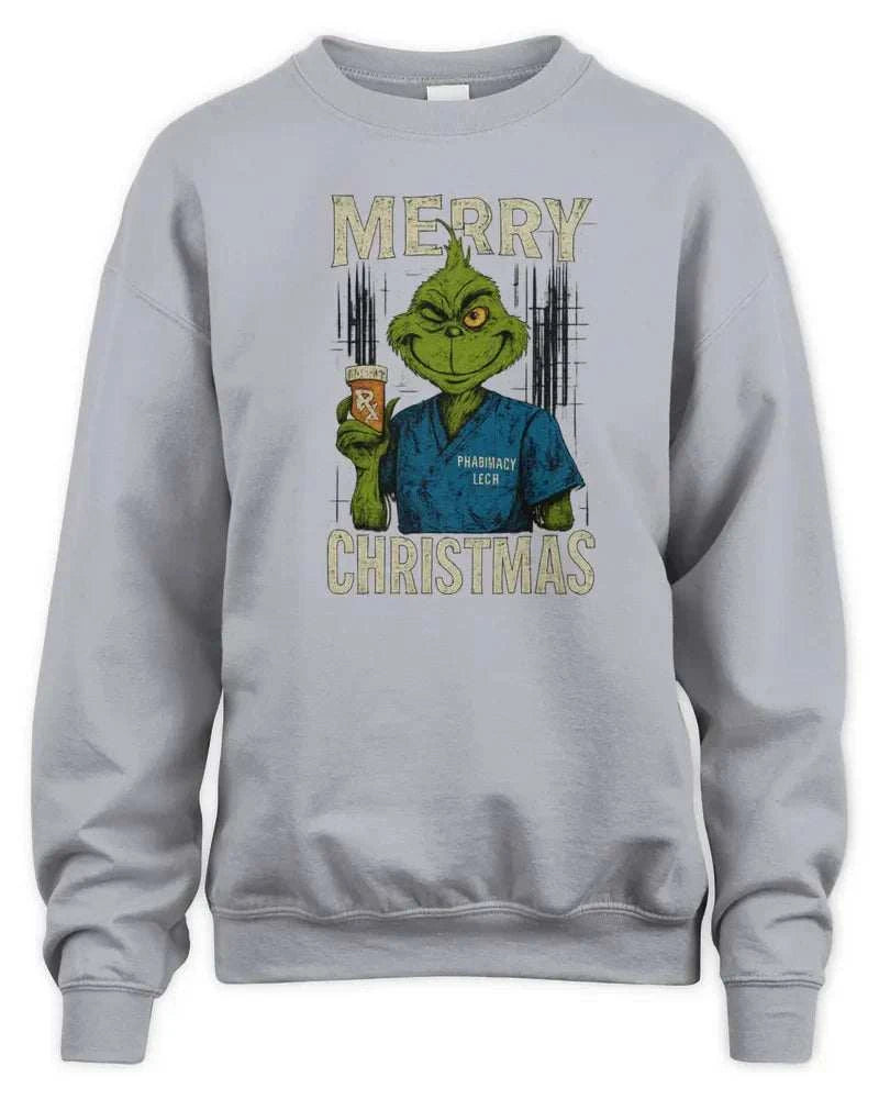 Merry Grinchmess gray sweatshirt with Grinch holding prescription bottle design