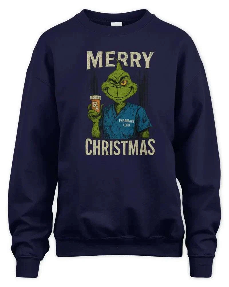 Merry Grinchmess navy fleece knit sweatshirt with Grinch graphic and pharmacy theme