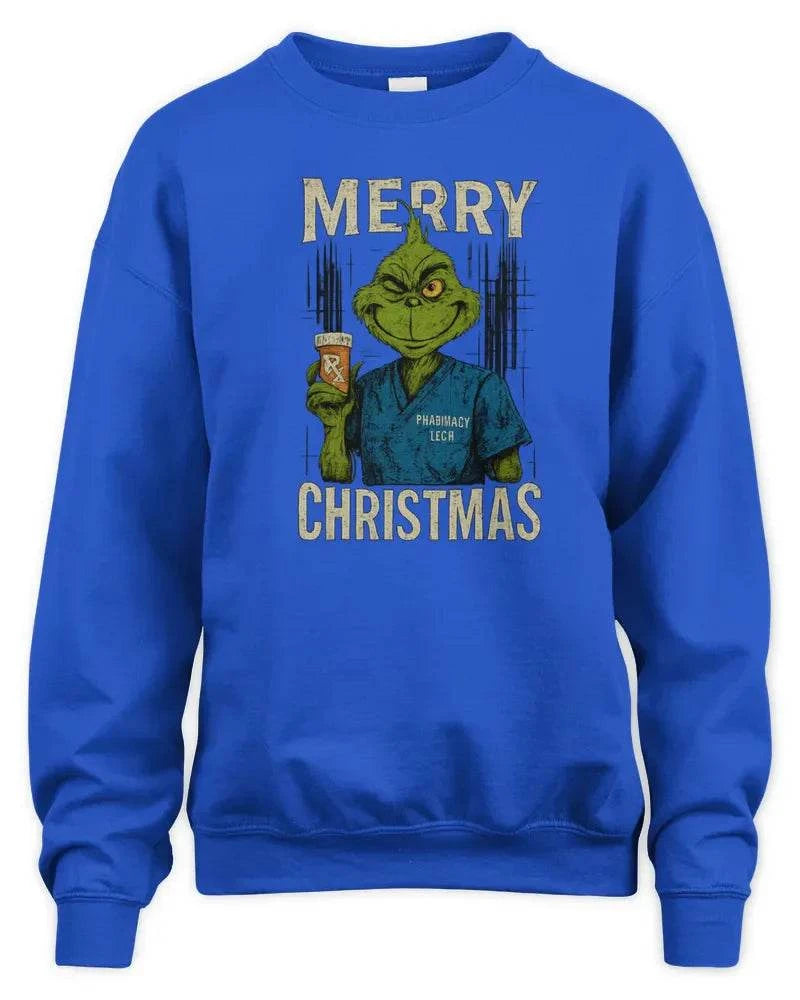 Merry Grinchmess blue fleece knit sweatshirt with Grinch graphic and Christmas text