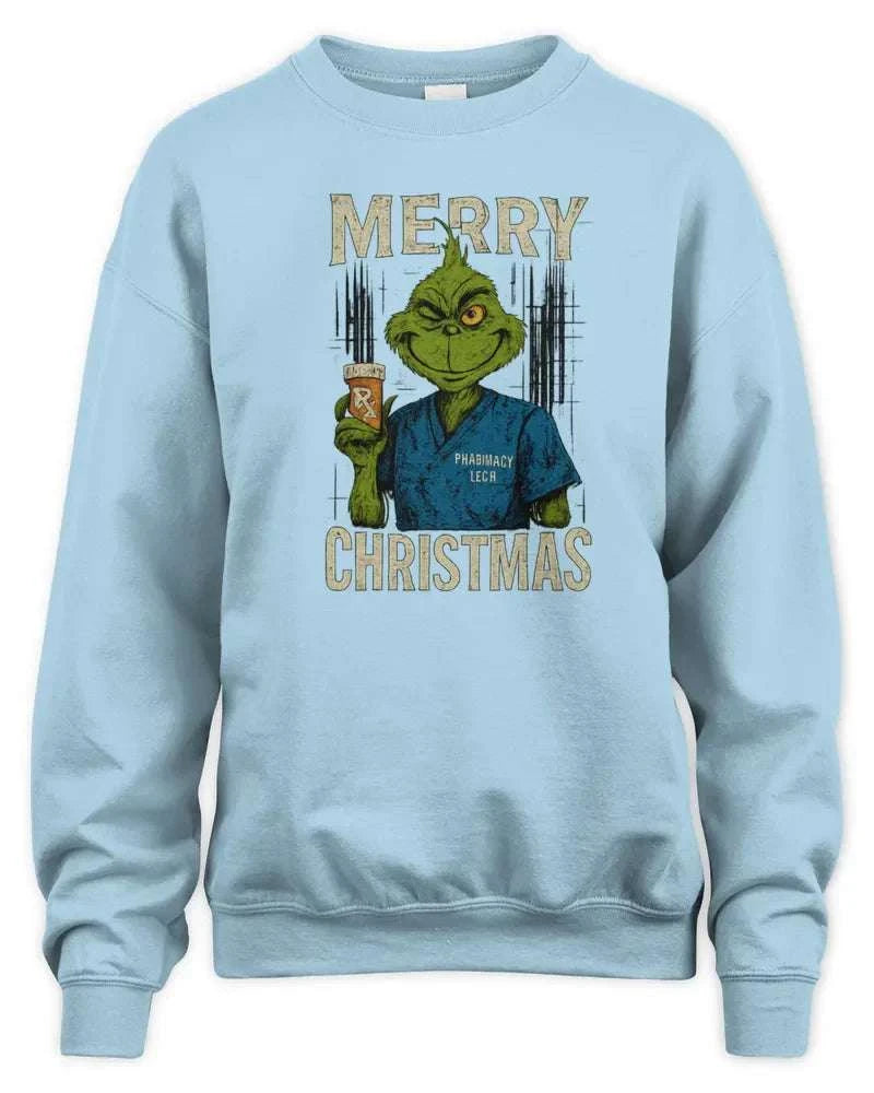 Light blue Merry Grinchmess sweatshirt with Grinch graphic and "Merry Christmas" text, made of preshrunk fleece knit with 1x1 rib and double-needle stitching