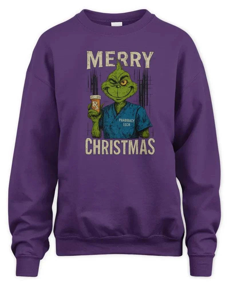 Purple Merry Grinchmess Christmas sweatshirt with Grinch holding prescription bottle design