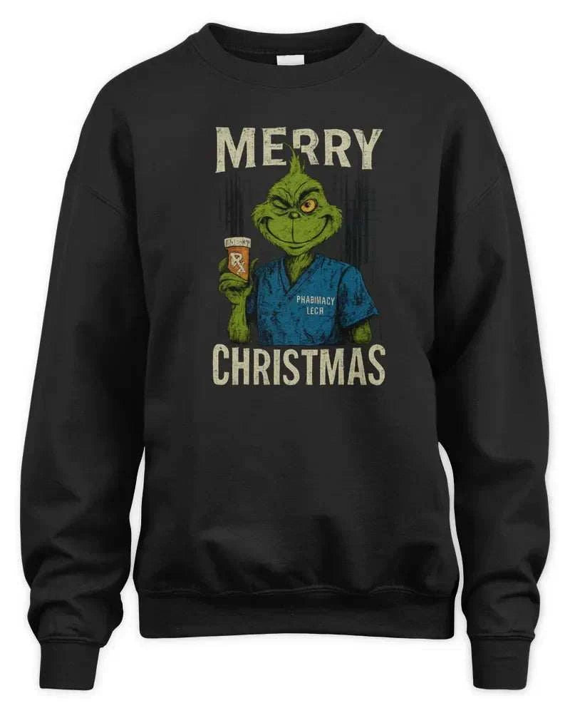 Merry Grinchmess black fleece sweatshirt with Grinch graphic in pharmacy scrubs and holiday text