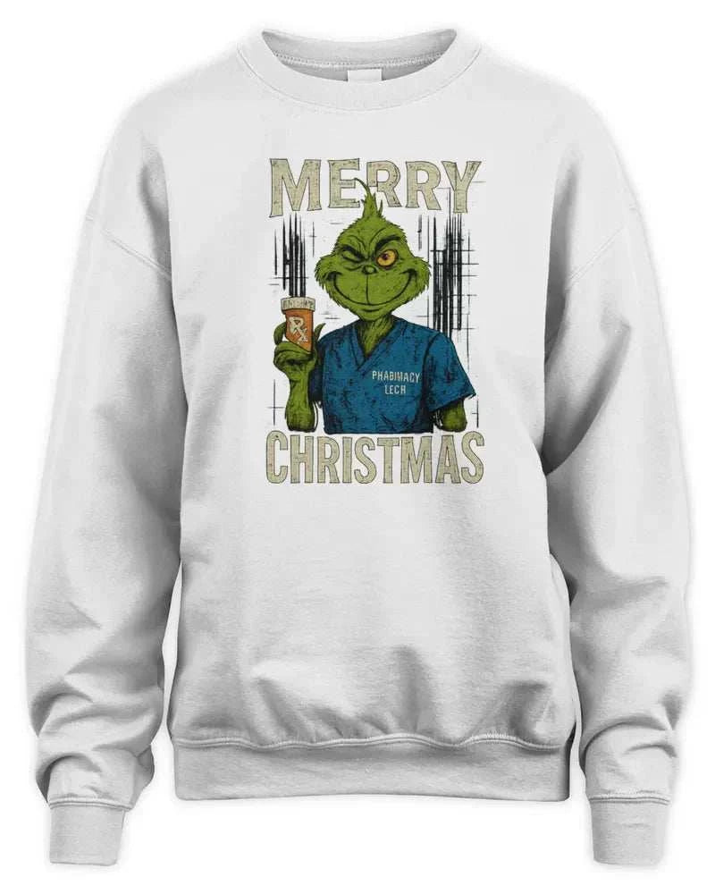 White Merry Grinchmess Christmas sweatshirt with ribbed cuffs and preshrunk fleece knit