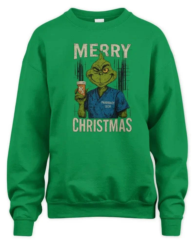 Green Merry Grinchmess sweatshirt with Grinch graphic and "Merry Christmas" text, preshrunk fleece knit, ribbed cuffs and waistband
