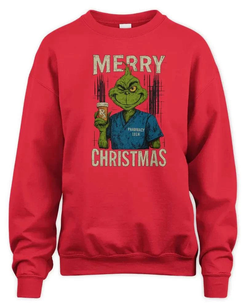 Red Merry Grinchmess sweatshirt with Grinch graphic and Christmas text, soft preshrunk fleece knit, 1x1 rib with spandex, double-needle stitching.