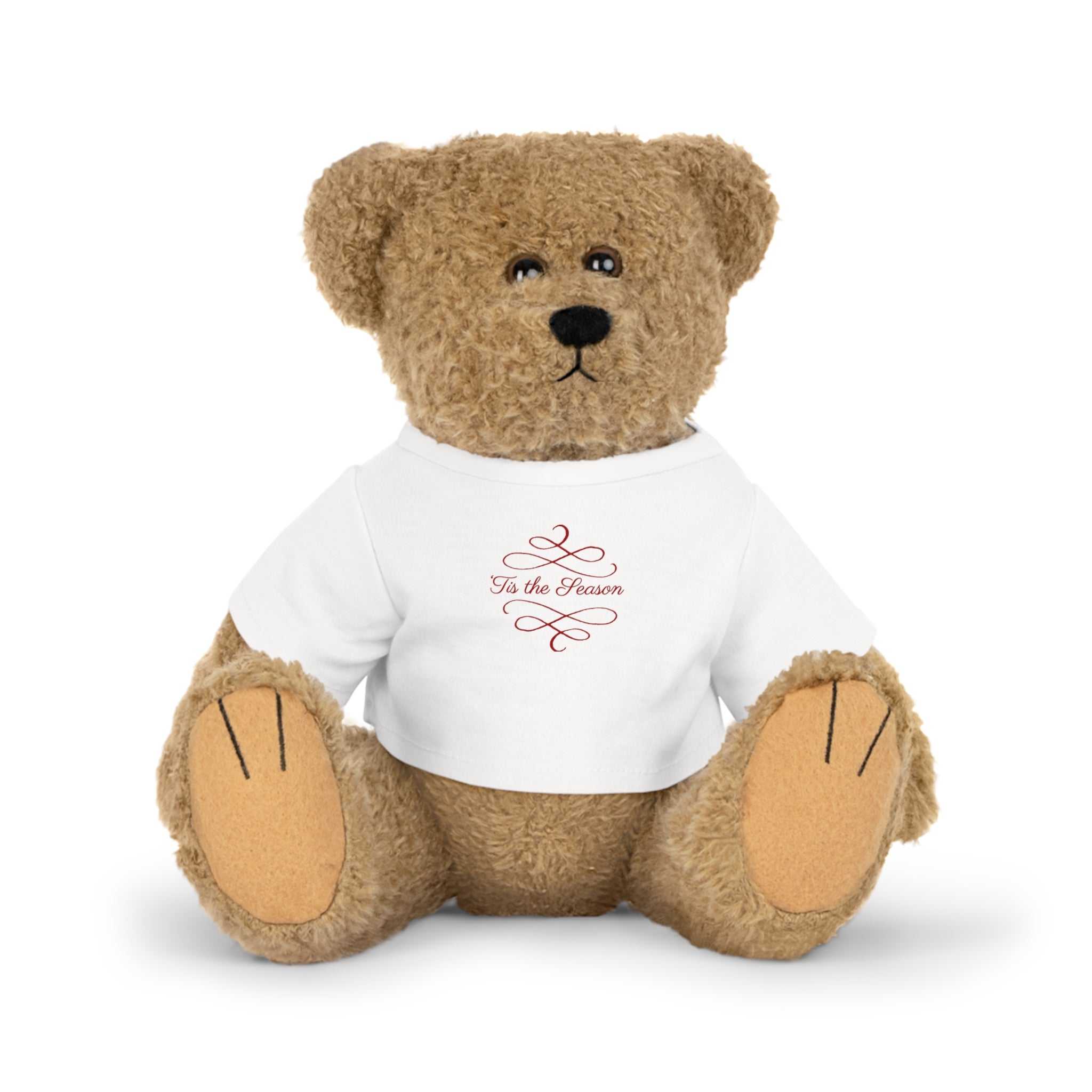 Tis the Season brown teddy plush toy wearing white holiday t-shirt with festive print