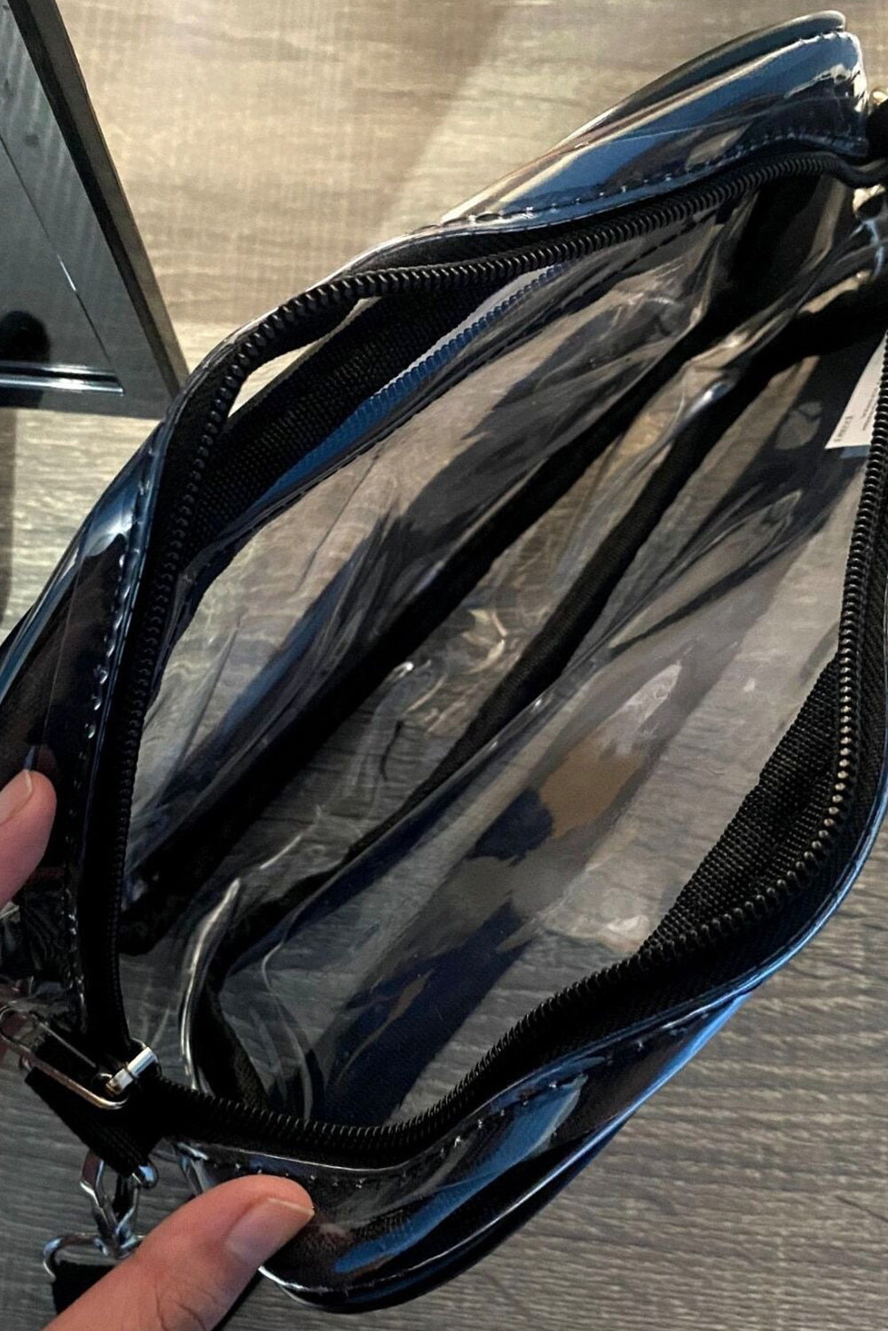 Gray multi-pocket clear shoulder bag with contrast edges and detachable strap
