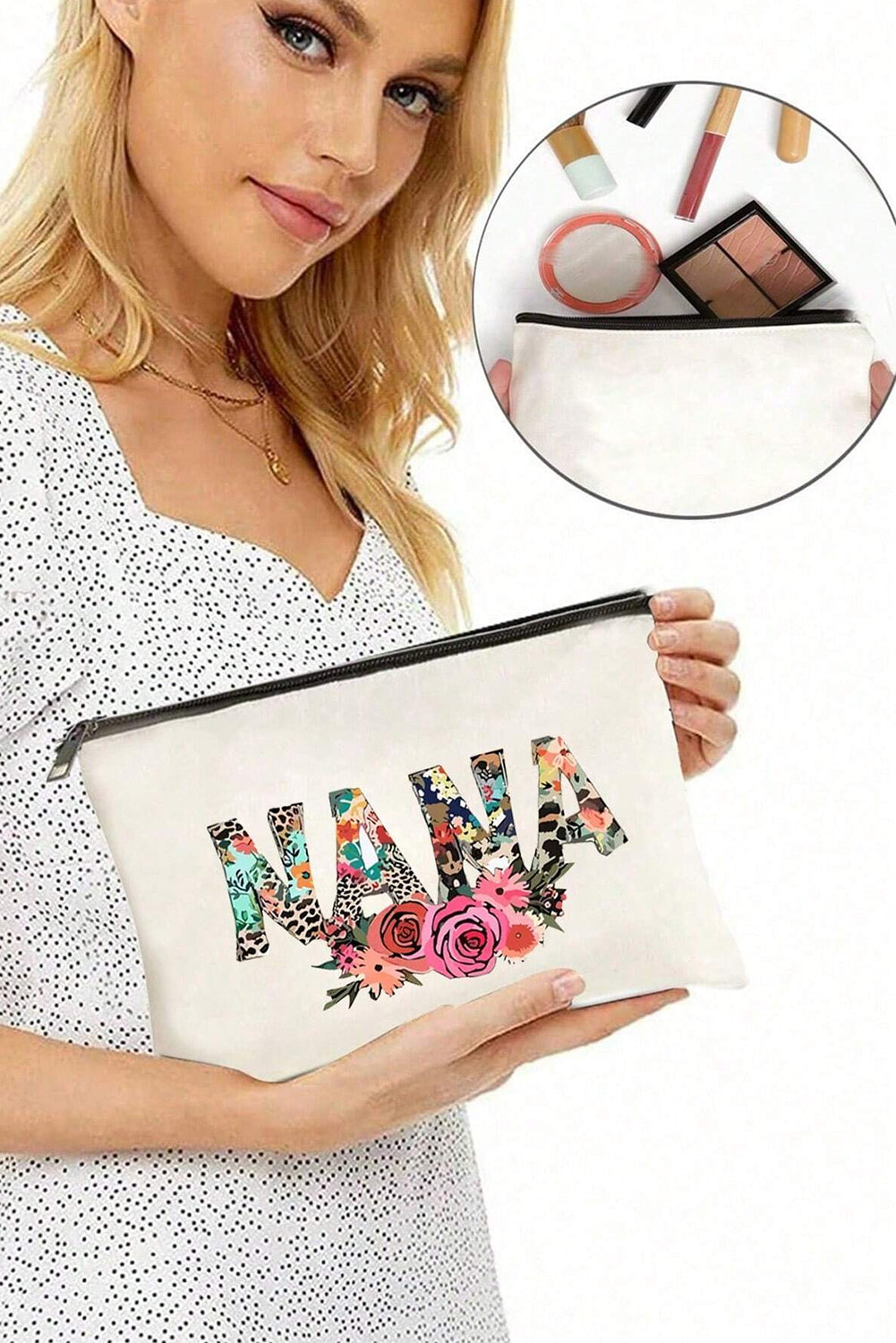White TEACHER graphic print zipper cosmetic bag made of durable canvas, compact 22x15cm size