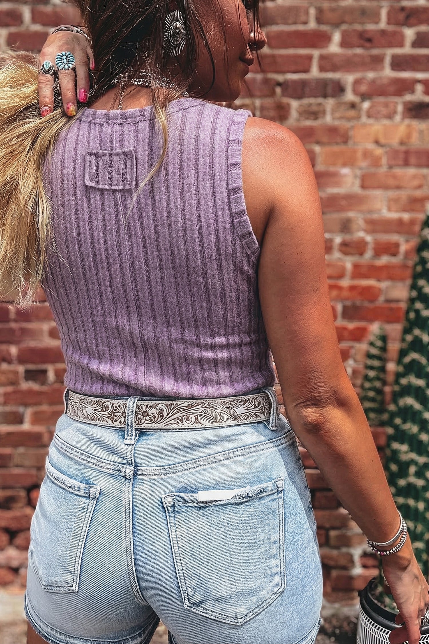 Beau Blue Slim ribbed mineral wash tank top with stretchy breathable fabric and round neck design