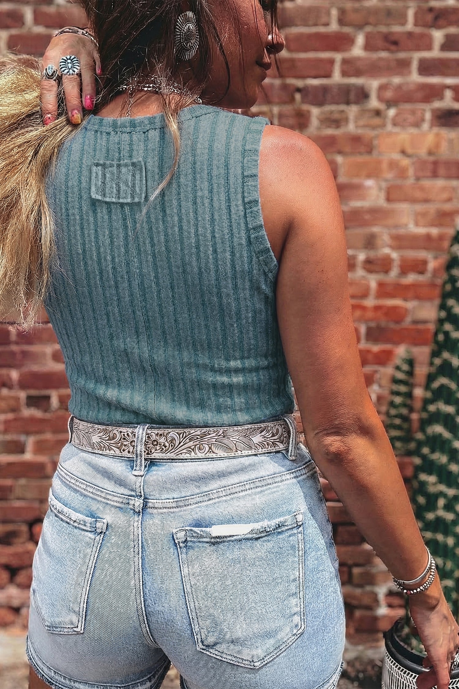 Beau Blue slim ribbed mineral wash tank top with stretchy fabric and round neck