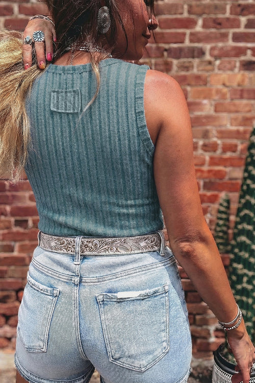 Beau Blue slim ribbed mineral wash tank top with stretchy fabric and round neck