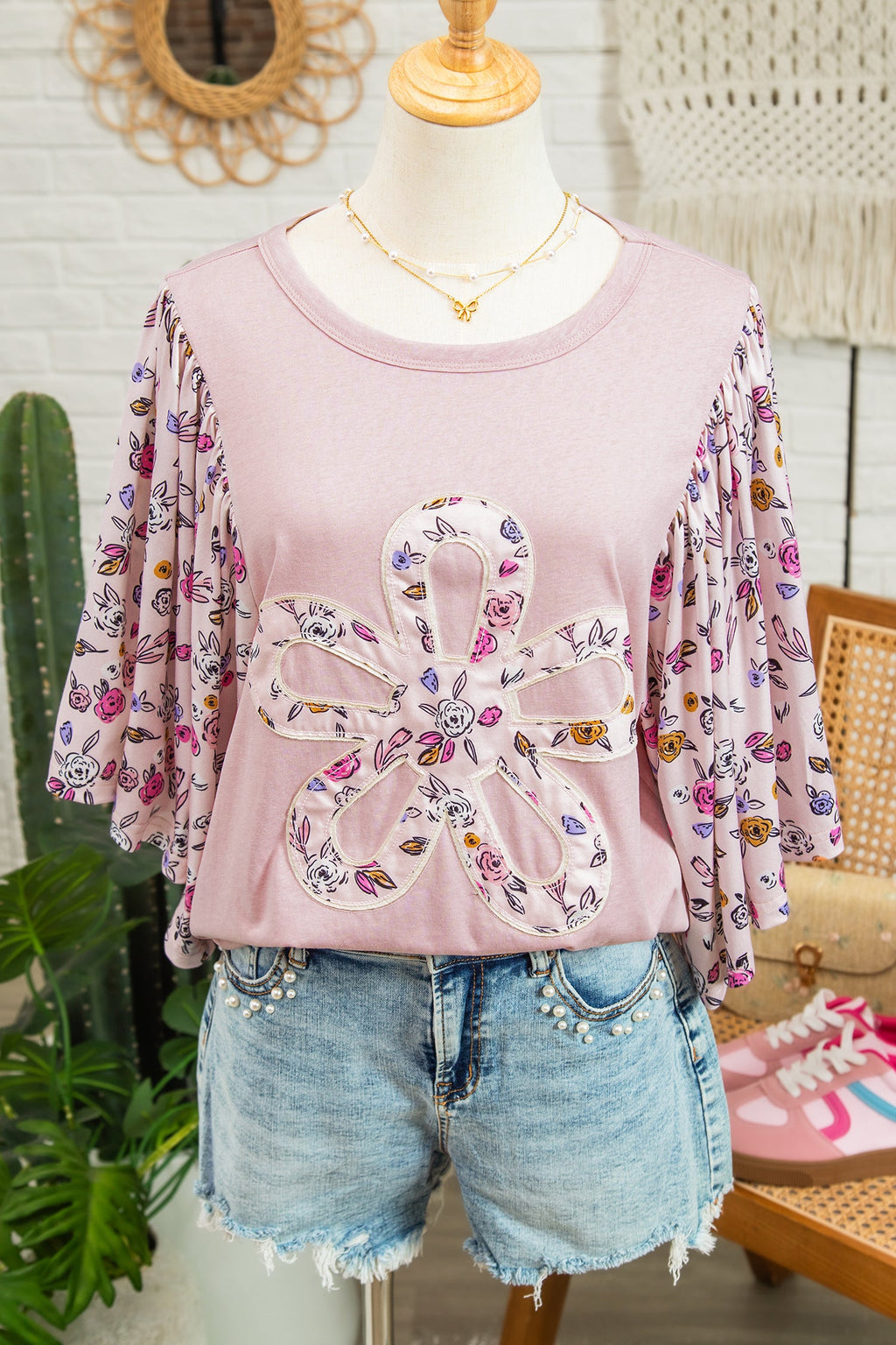 Pink blouse with floral patchwork and flowy half sleeves