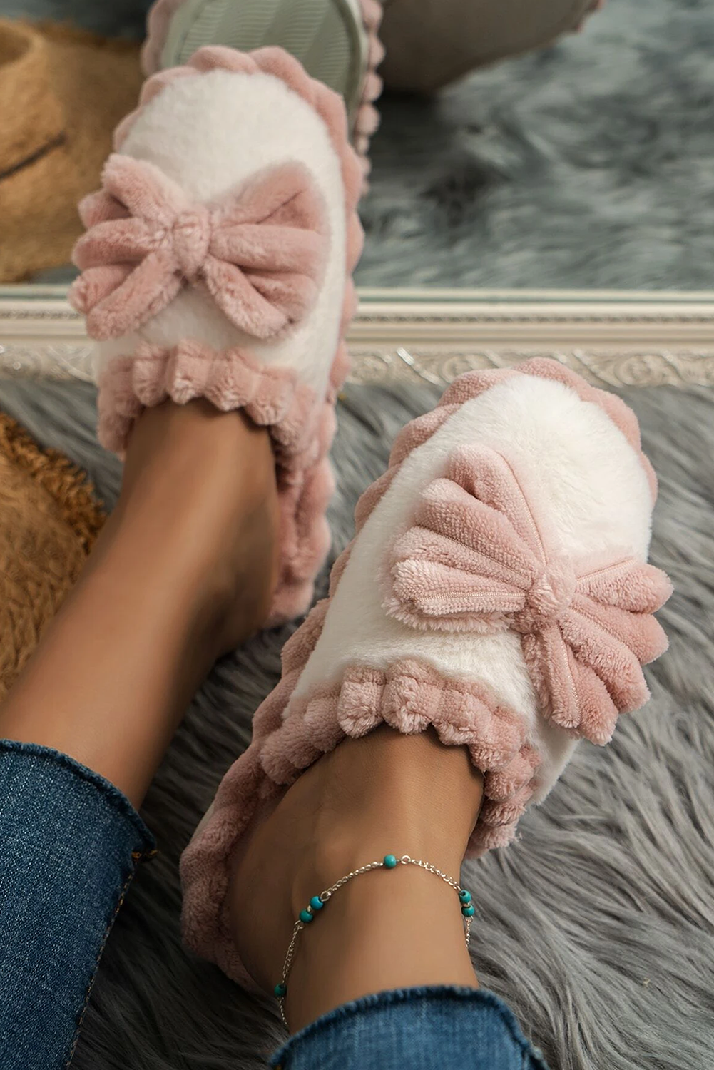 Fushia bow decor ribbed plush slippers with color block design for cozy homewear