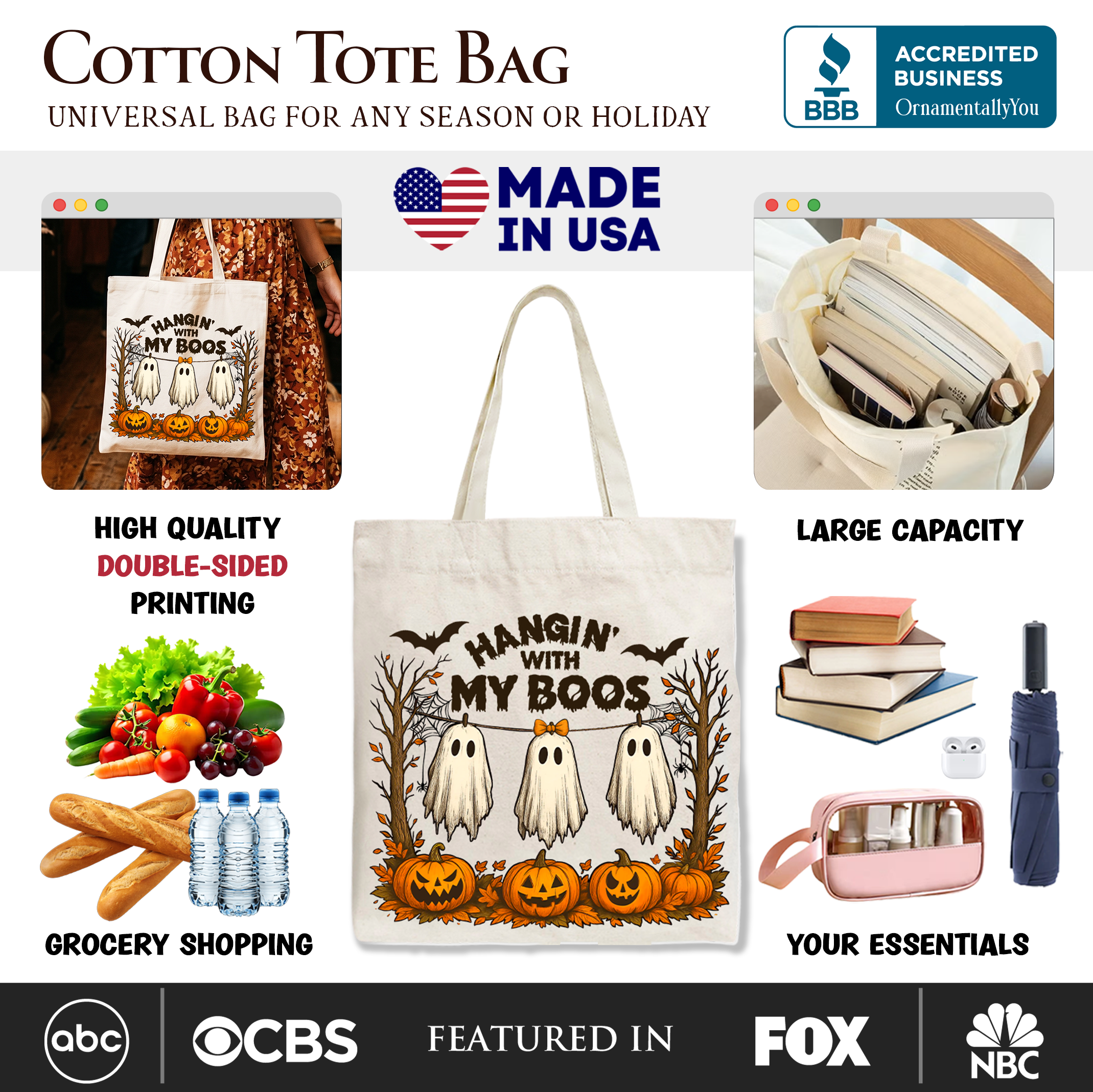 Boho Spooky Season Ghost Tote Bag, Cute Halloween Gift Shopper with Fall Pumpkins
