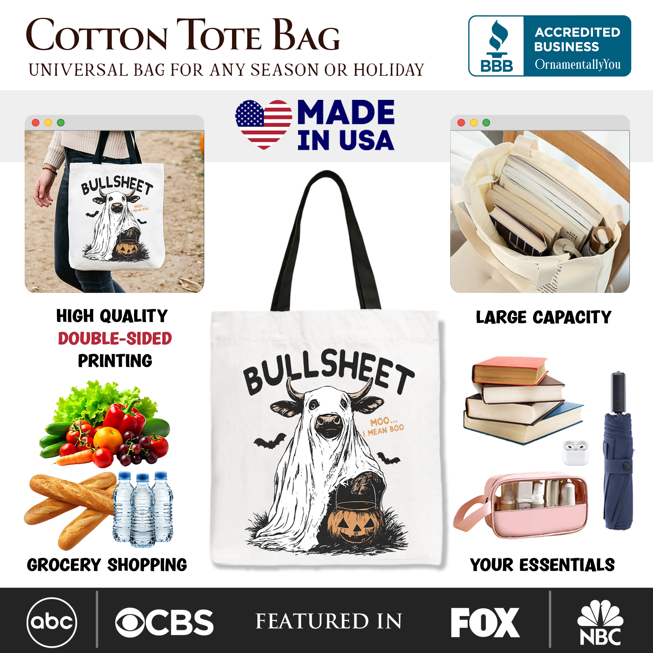 Bullsheet Halloween Bull Tote Bag, Hilarious Cow Gift Shopper for Trick-or-Treaters
