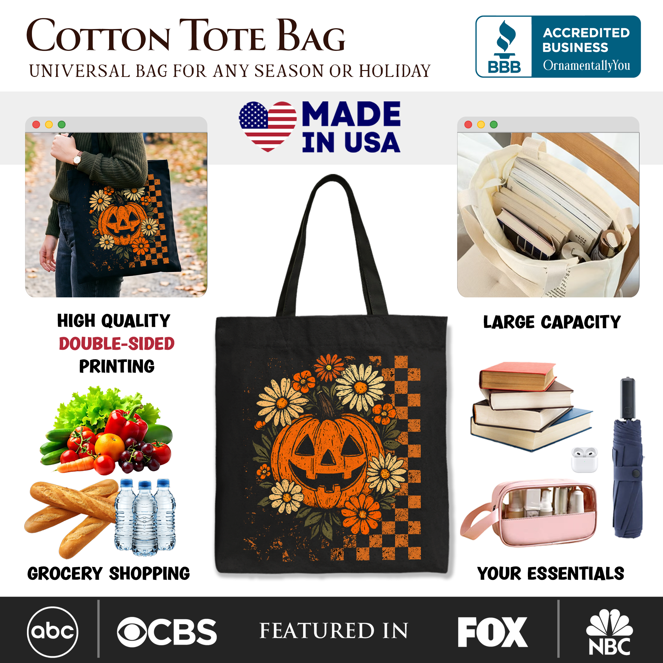 Checkered Floral Pumpkin Tote Bag, Retro Preppy Halloween Gift Shopper for Spooky Season Vibes