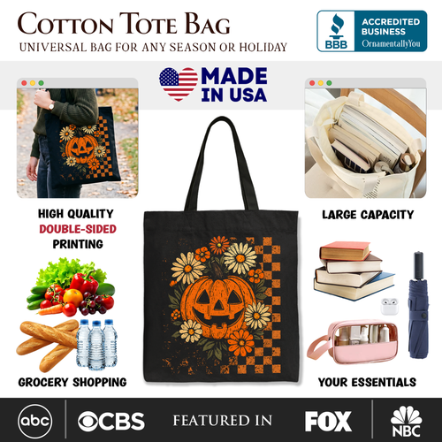 Checkered Floral Pumpkin Tote Bag, Retro Preppy Halloween Gift Shopper for Spooky Season Vibes